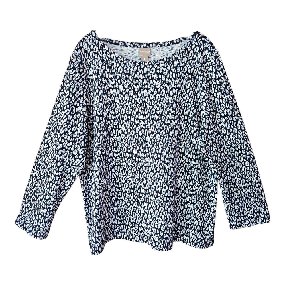 CHICO'S 3 Women's XL Tunic Top Knit Navy Gray Blue Pattern Long Sleeve 46"